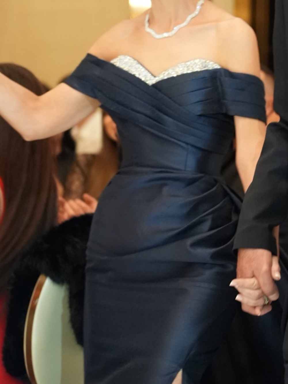 Off-Shoulder Navy Evening Gown with Thigh Slit
